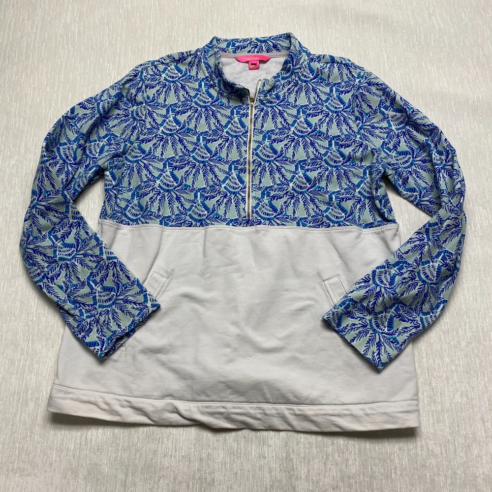 Lilly Pulitzer Asher Popover Top Women XL Blue Tropical 1/2 Zip Long Sleeve Vaca